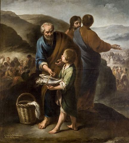 Erste Brotvermehrung durch den Heiland: Der Jünger Andreas mit dem Jungen, der die Brote und die Fische mitbrachte
